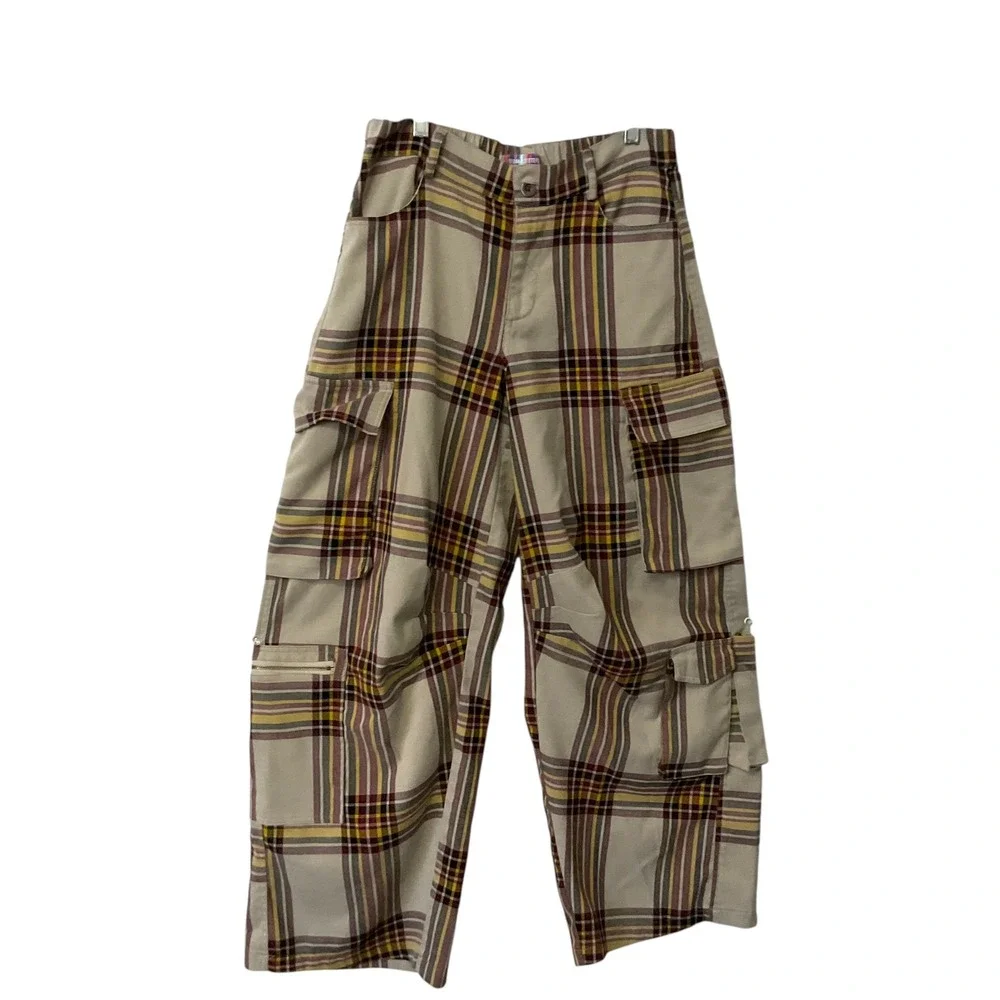 Urban Outfitters Plaid Cargo Pants Beige Yellow Burgundy Women's Size Small - Picture 2 of 8